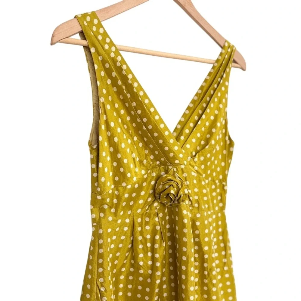 VTG J Crew Silk Polka Dot V Neck Rose Sun Dress Short Mini Sz‎ 2 Mustard Yellow